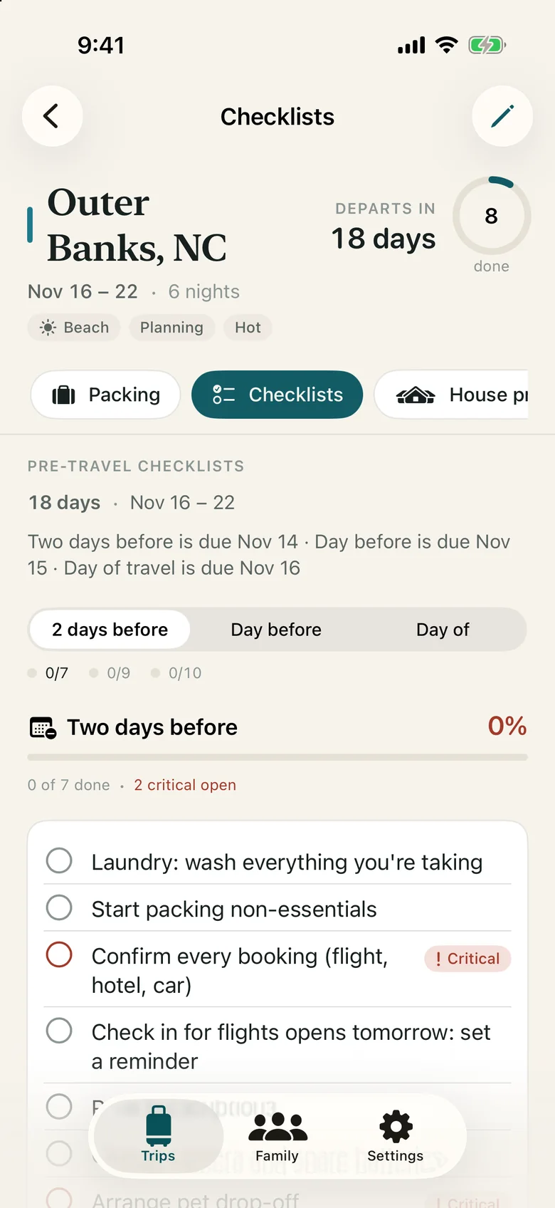 Pre-travel checklists for two days before, the day before and the day of travel, including activating a USPS mail hold.