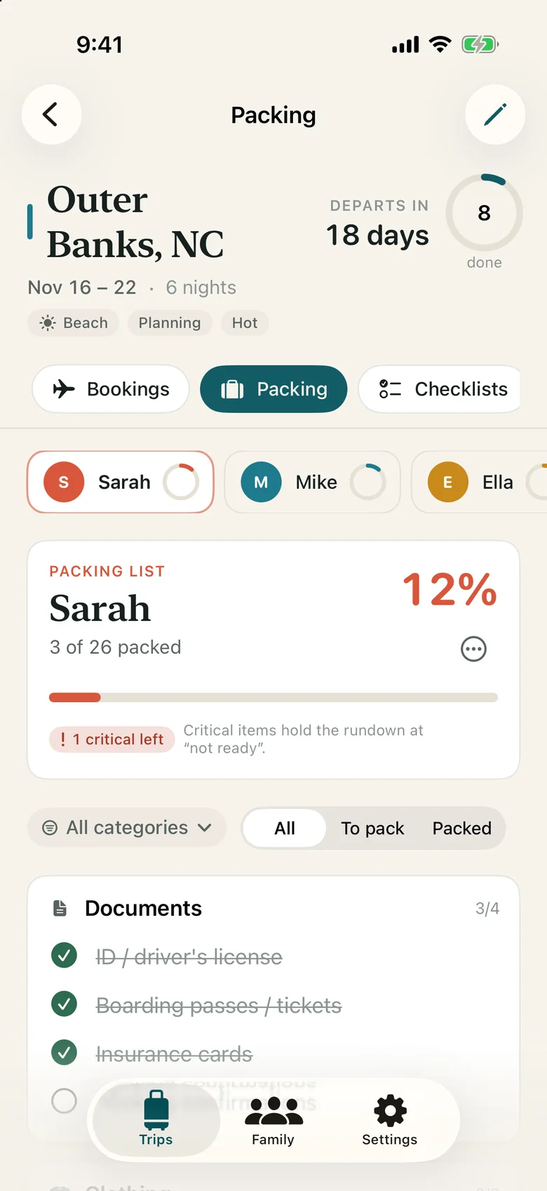 Packing lists with a progress ring for each family member and for Biscuit, plus one shared household list.