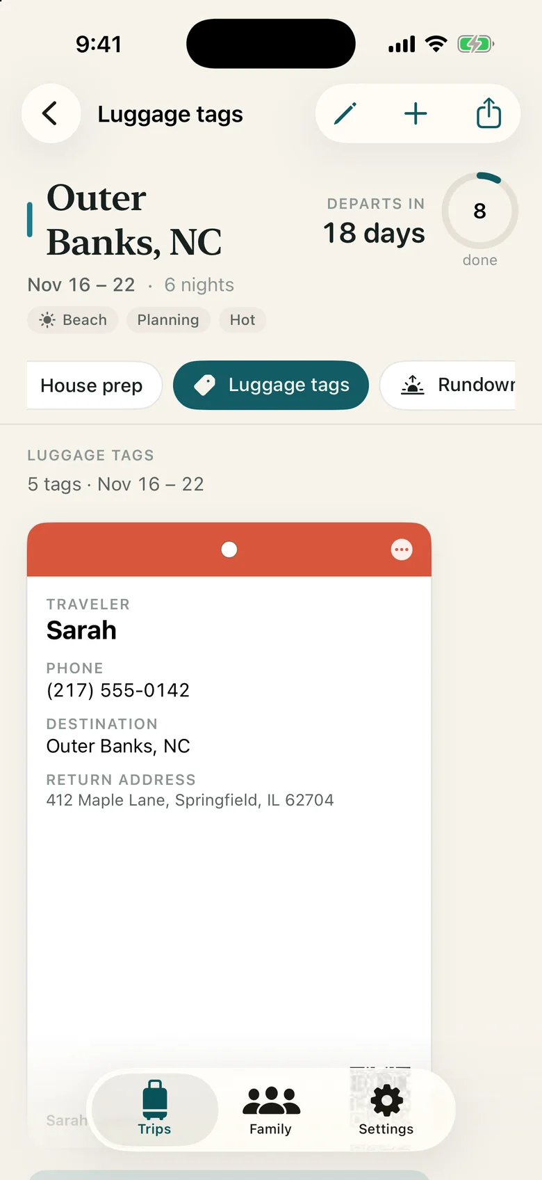 Luggage tags for the family, each with traveler, phone, destination and return address, ready to print.