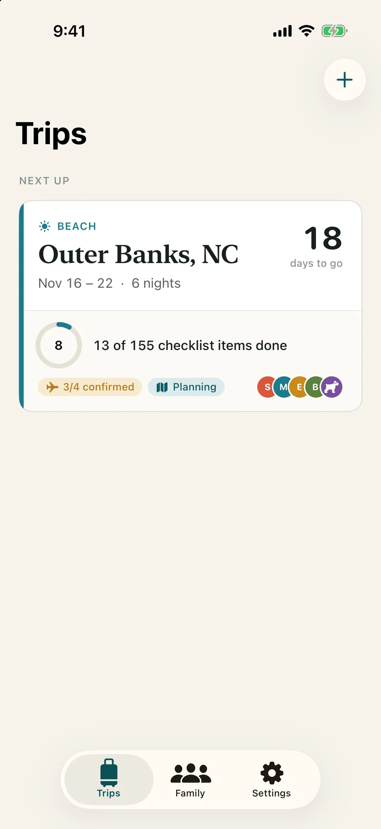 The Trips list on iPhone, with the Millers' Outer Banks beach trip coming up.